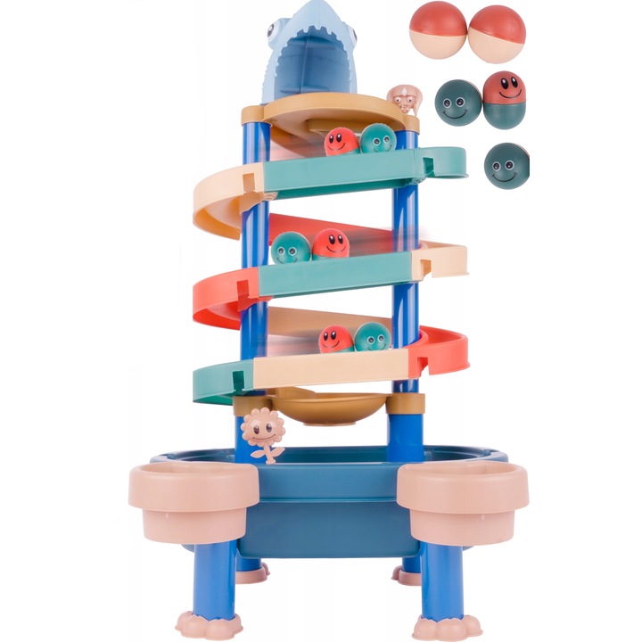 Masuta 3 in 1 cu Tobogan idealStore FunSlide, include 4 Bile, Utilizare in Interior si Exterior, Material Solid si Rezistent, Dezvolta coordonare mana-ochi, Design Atractiv