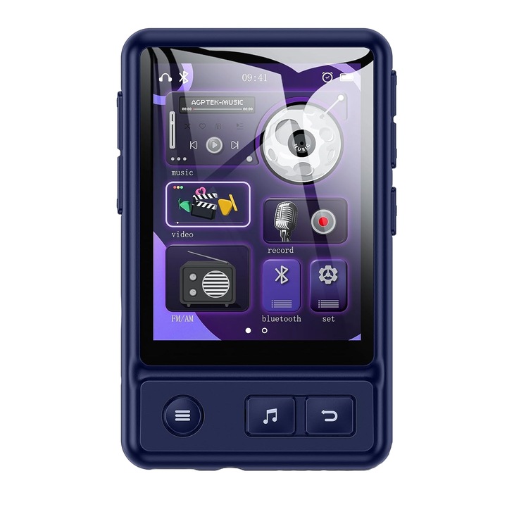 Agptek MP3 lejátszó, 32 GB, Bluetooth 5.3, 2,4 hüvelykes érintőképernyő, csíptető, hangszóró, FM rádió, lépésszámláló, felvétel, eBook, kék