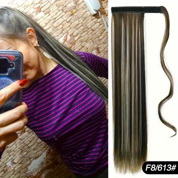 Extensie par 60 cm, Coada par dreapta Castaniu si Blond, Suvitat in doua culori, Animis Beauty ®, fibra sintetica cu aspect natural