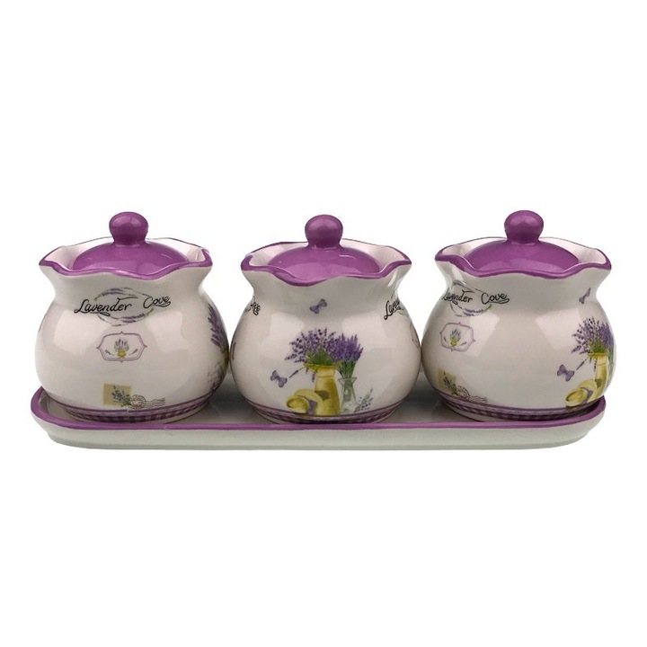 Oliviera din Ceramica, 3 recipiente cu capac, Lavanda, 35x14cm, Multicolor
