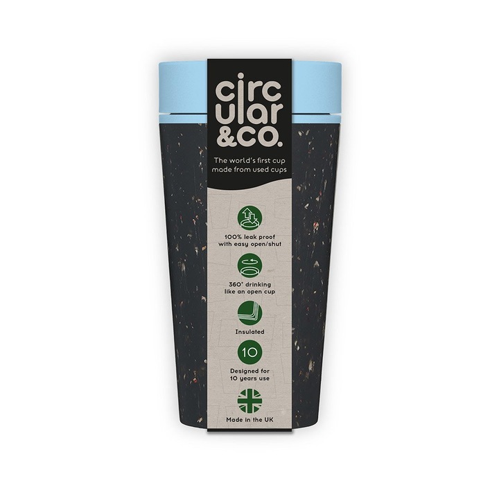 Pahar termos cu capac, Circular&Co., Plastic, 340 ml, Albastru/Negru