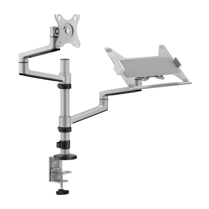 Стойка за монитор с поставка за лаптоп Premium, алуминий, монтаж на бюро