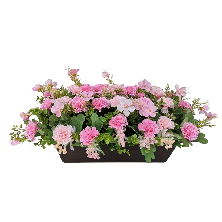 Jardiniera cu flori artificiale, DADY, garoafe roz si verdeata decorativa artificiala, dimensiuni aranjament 48x25x22 cm