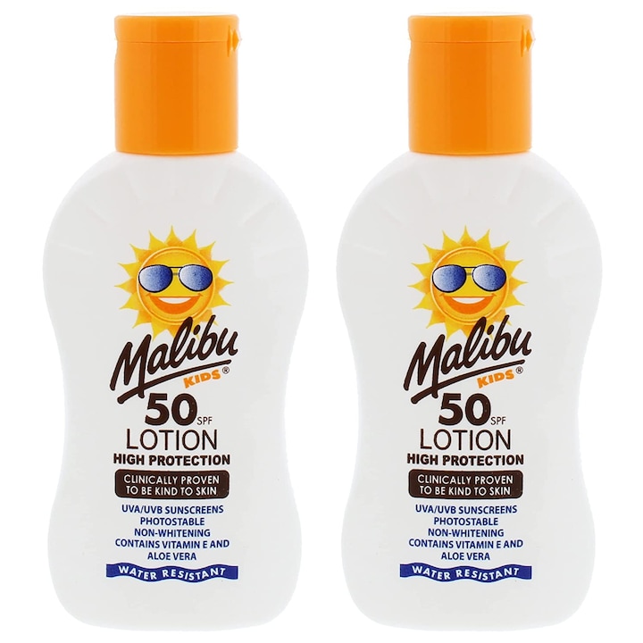 Слънцезащитен комплект, Malibu, Детски лосион Защитен лосион за деца SPF50, 100 мл, 2 бр.
