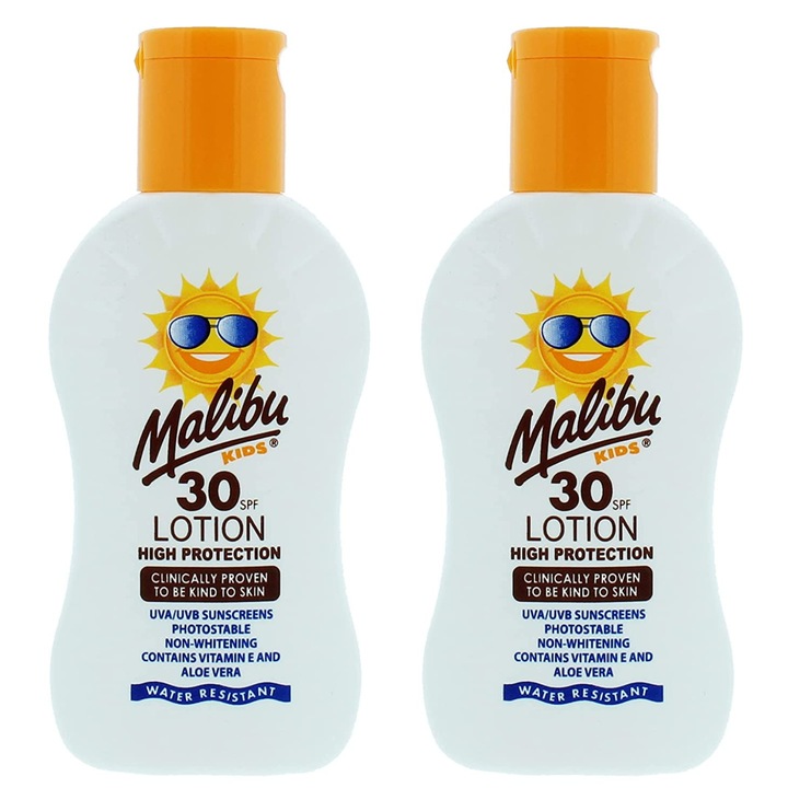 Set 2 x lotiuni protectie solara copii, Malibu Kids SPF30, 100 ml
