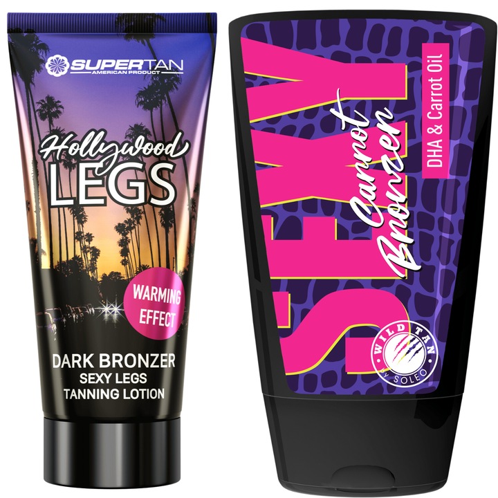 SuperTan önbarnító szett, Hollywood Legs 135 ml és Wild Tan Sexy Carrot 125 ml, termo hatás, kávétejes és banánvirág illat