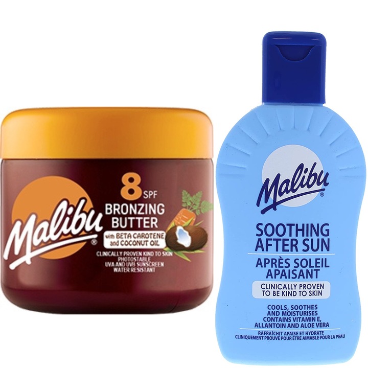 Set protectie solara, Malibu, Accelerator bronzare SPF8 + Lotiune dupa soare 200ml