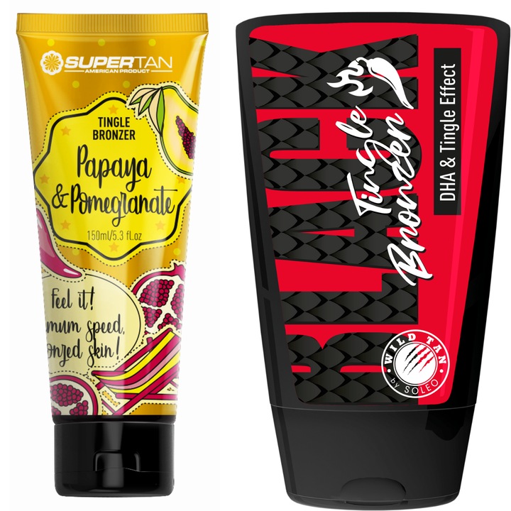 Supertan Papaya & Gránátalma 150ml és Wild Tan Black Tingle 125ml bronzosító szett, bizsergető hatás, papaya és gránátalma illat, csokoládé illat