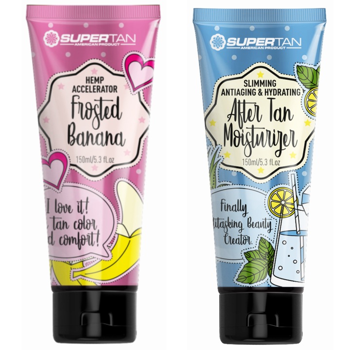 SuperTan Frosted Banana 150ml és After Tan 150ml önbarnító termékszett, fagyasztott banán és krémes vanília illattal