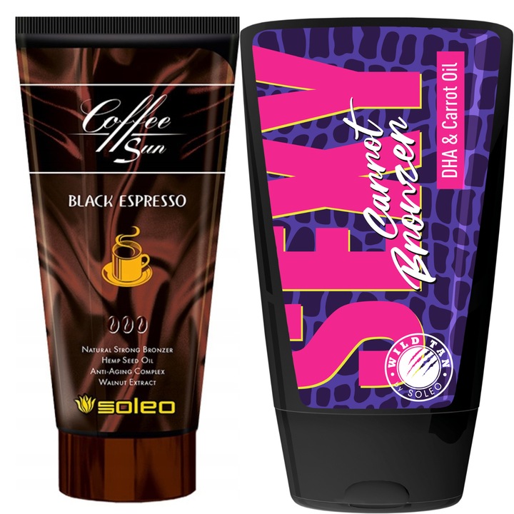 Комплект Бронзант Кафе Слънце Черен Еспресо 150ml и Див Тен Секси Морков 125ml, с натурални съставки, за бронзова кожа, Soleo