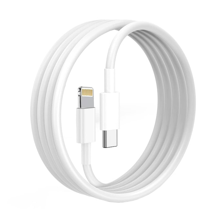 Cablu de de date si incarcare 1.5 metri W07, compatibil Apple iPhone 5,6,7,8, X, XR, XS, 11,12,13, USB-C - Lightning, alb
