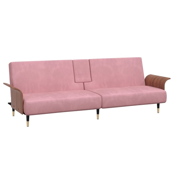 Разтегателен диван с поставки за чаши vidaXL, Розов, Кадифе, 26.3 kg, 224 x 89 x 70 см