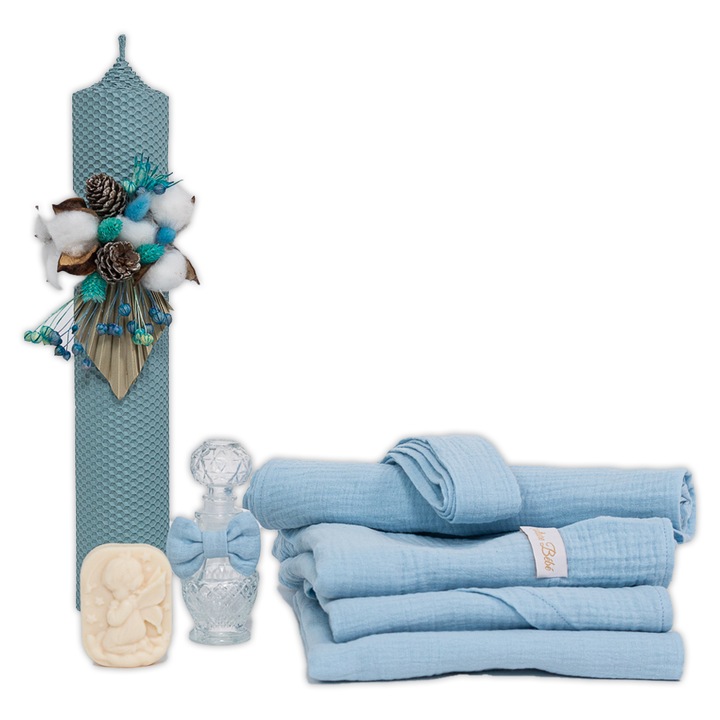 Trusou botez muselina bleu, lumanare botez fagure inclusa, Couture Bebe