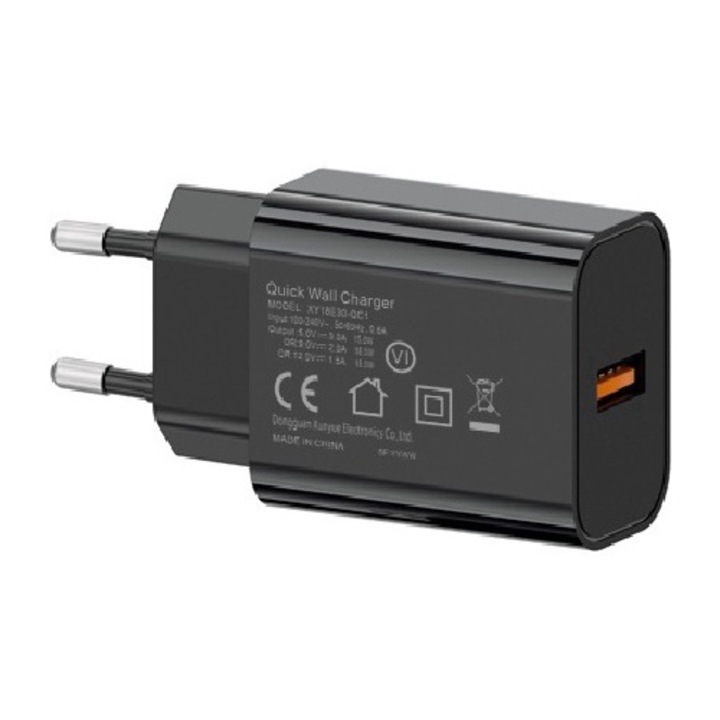 Incarcator retea Fast Charge USB QC 3.0 18W, AHA PRINT®, Adaptive, Protectie Suprasarcina, compatibil cu Samsung, iPhone, Negru