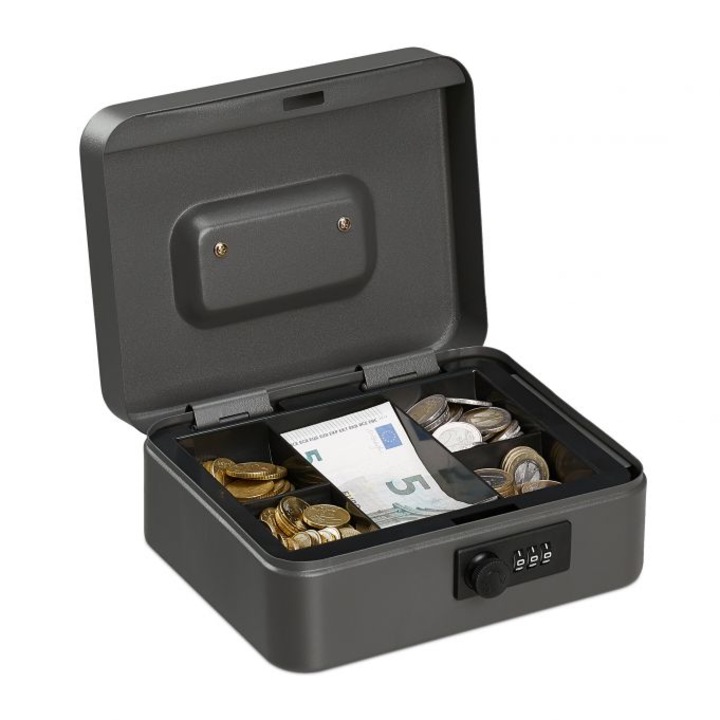 Caseta valori pentru bacnote si monede, Relaxdays, Gri, 8.5 x 20 x 17 cm