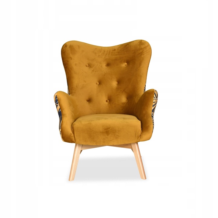 Fotoliu Luna Print Duo, Scandinav, Family Meble, 100x78x87 cm, Catifea/Lemn, Galben inchis