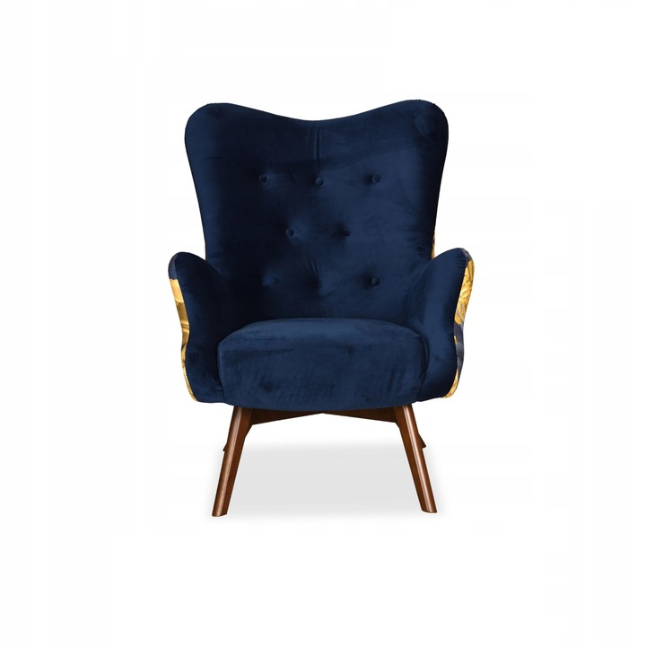 Fotoliu Luna Print Duo, Scandinav, Family Meble, 100x78x87 cm, Catifea/Lemn, Albastru inchis