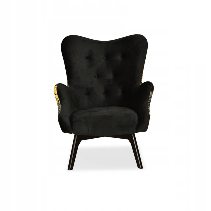 Fotoliu Luna Print Duo, Scandinav, Family Meble, 100x78x87 cm, Catifea/Lemn, Negru