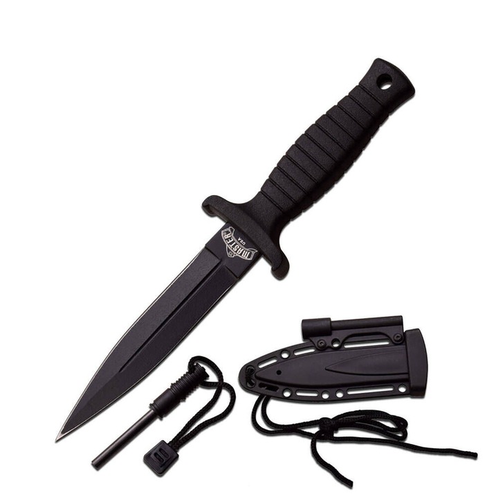 Cutit de supravietuire pentru gat, cu husa, cu lantisor, lama fixa, negru, inox, 17 cm, MU-1141BK