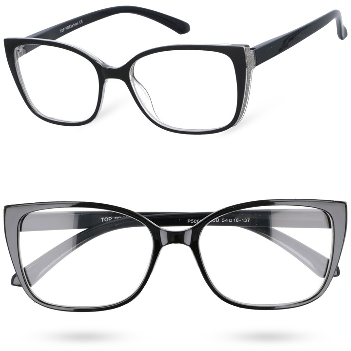Ochelari de vedere cu dioptrii pentru citit, MORAMO, 4824, Tip corectie prezbiopie, Pentru femei, Rama Ochi de pisica, Dioptrie +2.00, Negru