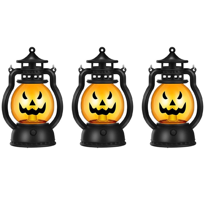 Set 3 felinare portabile AMRINUGL, dovleac vintage, LED, negru