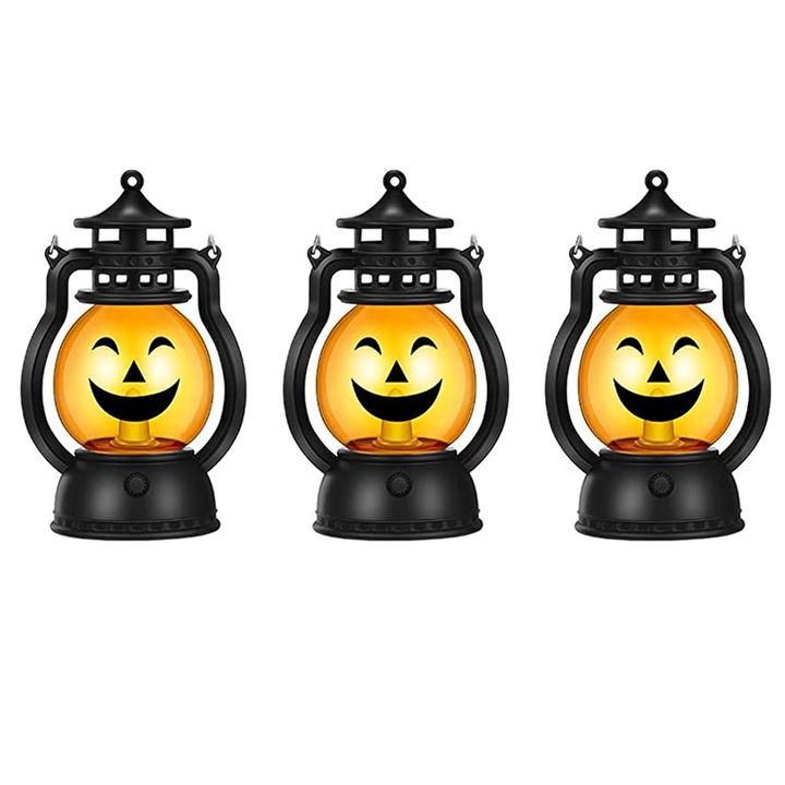 Set 3 lanterne portabile AMRINUGL, mini dovleac Halloween, plastic, cu manere, multicolor
