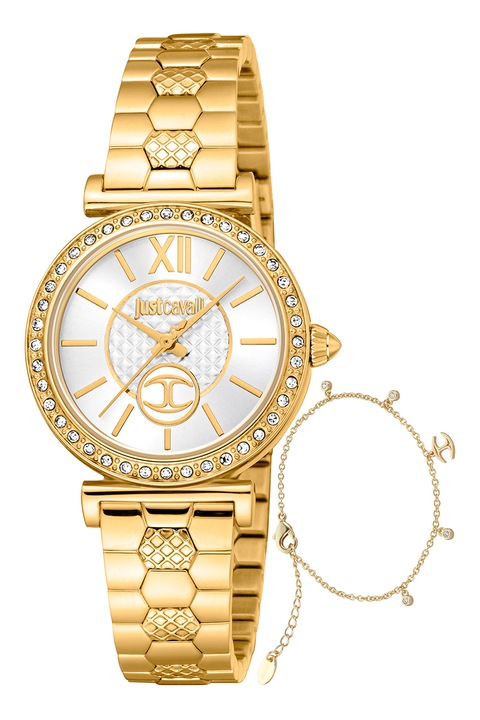 JUST CAVALLI, Set de ceas din otel inoxidabil si bratara, Auriu
