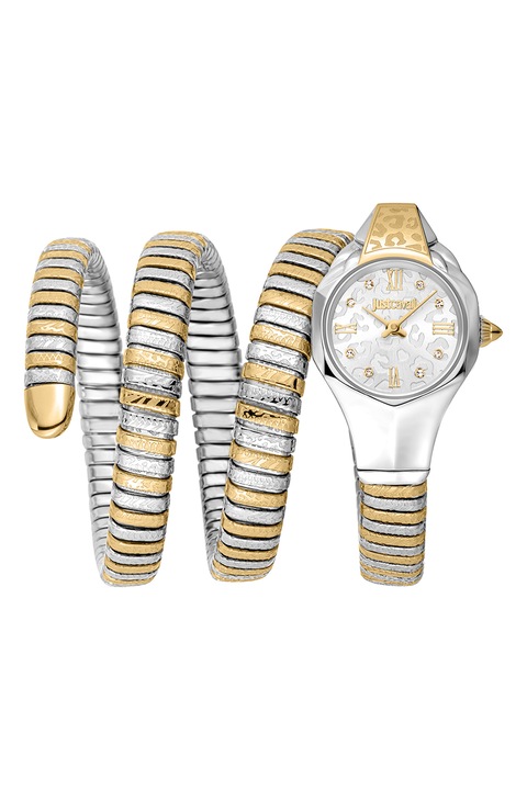 JUST CAVALLI, Часовник от неръждаема стомана с циркони, Сребрист, Златист