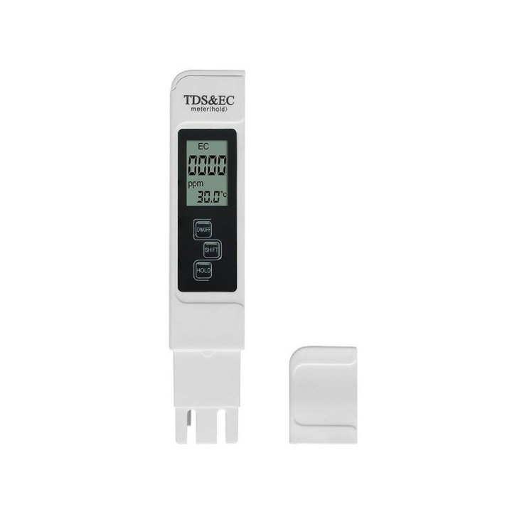 Vízkeménység és sótartalom mérő, elektródákkal, LCD kijelzővel, tároló tokkal, 154x30x14mm, Fehér