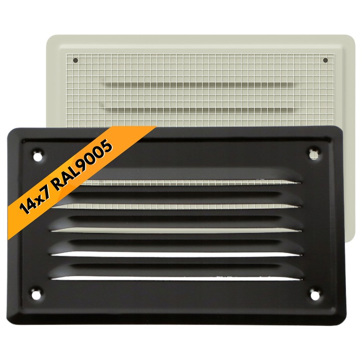 Grila de ventilatie metalica, BobiMarket, dimensiune 14x7cm, pentru cos fum si pereti, neagra vopsita electrostatic, lamele inclinate, plasa insecte, rezistenta la intemperii, montaj extern