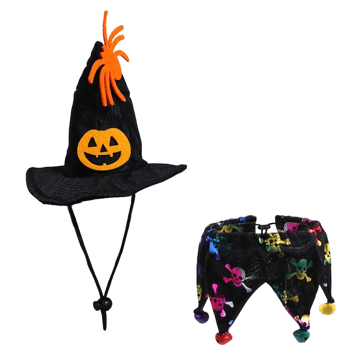 Set costum Halloween, AMRINUGL, pentru animale de companie, guler cu clopotei, palarie, material confortabil, ajustabil 20-40cm