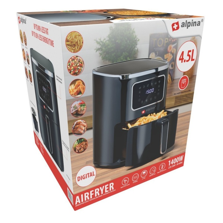 Alpina XEH25224687 Forrólevegős fritőz, 1450W, 4,5l, max 200°C, Digitális kijelző, Fekete