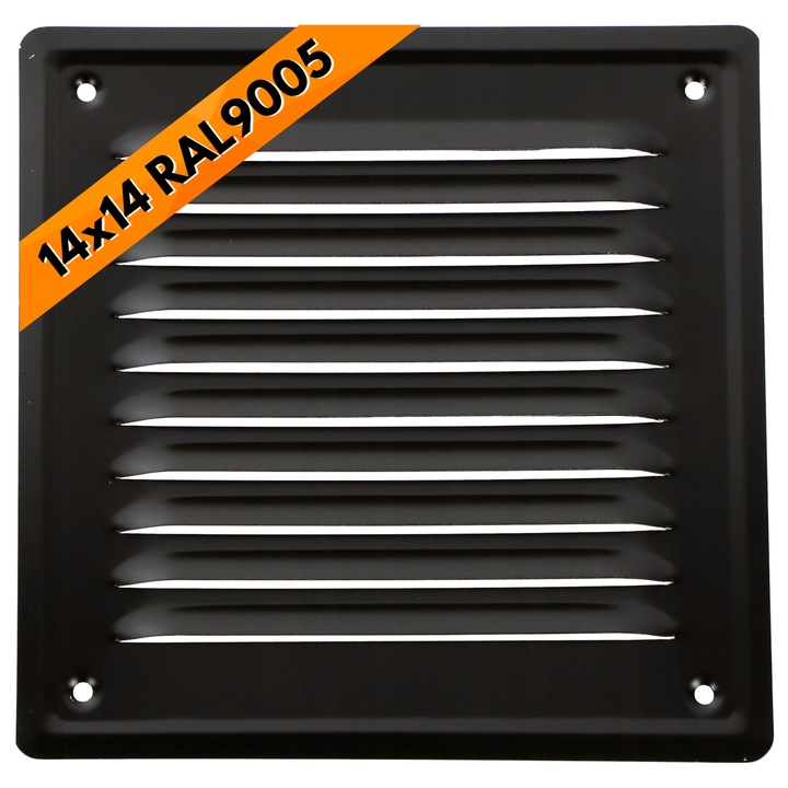 Grila ventilatie cos fum, BobiMarket, dimensiune 14x14cm, metalica neagra, plasa protectie, lamele inclinate anti-ploaie, otel galvanizat vopsit, montaj pe fatada sau cos, rezistenta