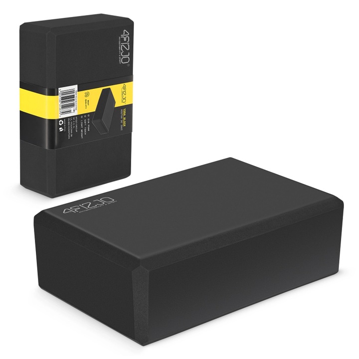 Bloc de yoga si Pilates, Caramida fitness, Cub de yoga, Spuma EVA, 4FIZJO, 23 cm x 15 cm, Negru