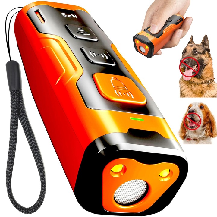 Dispozitiv anti-latrat pentru caini Fish & Paws ®, solutie eficienta fara socuri si inofensiv pentru animale, electronic cu ultrasunete, evita agresiunea si comportamentul nedorit, sigur si usor de folosit, 25 kHz, Portocaliu