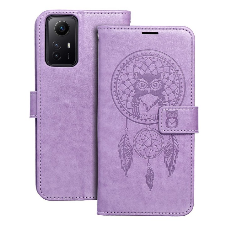 Xiaomi Redmi Note 12s 4G kompatibilis könyvtok, bankkártyatartós, mágneszáras, álomfogó mintás, lila, Forcell Mezzo