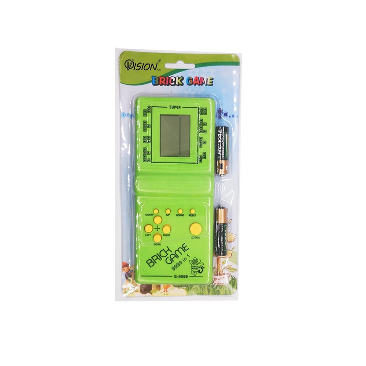 Joc clasic Tetris 9999 in 1, Brick Game, model 2023, cu baterii incluse, verde, VisionXXI