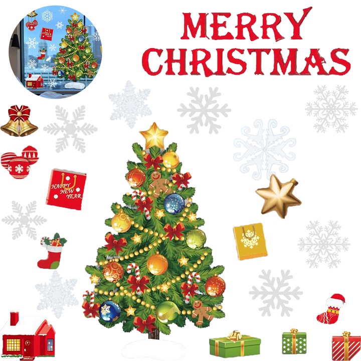 Set stickere decorative pentru fereastra, Craciun, PVC, model iarna, multicolor, 35.5x4cm