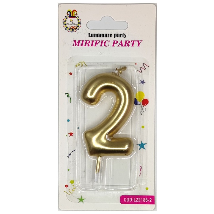 Lumanare tort auriu metalizat, 8 cm, cifra 2
