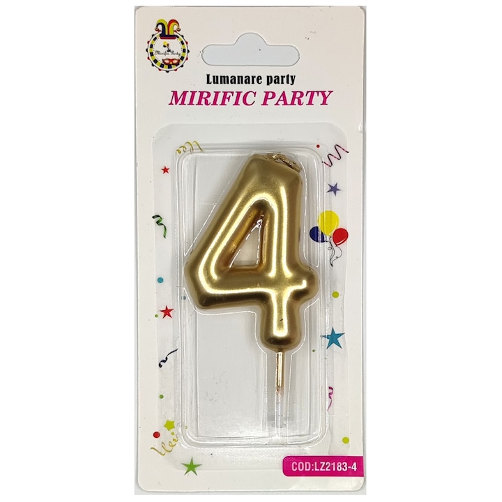 Lumanare tort auriu metalizat, 8 cm, cifra 4