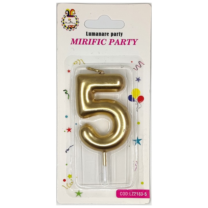 Lumanare tort auriu metalizat, 8 cm, cifra 5