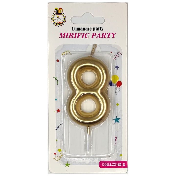 Lumanare tort auriu metalizat, 8 cm, cifra 8