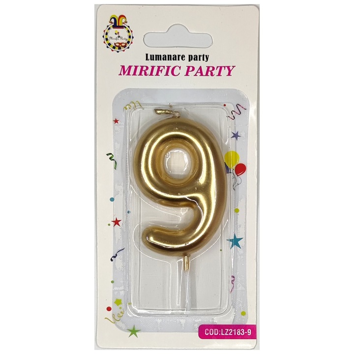 Lumanare tort auriu metalizat, 8 cm, cifra 9