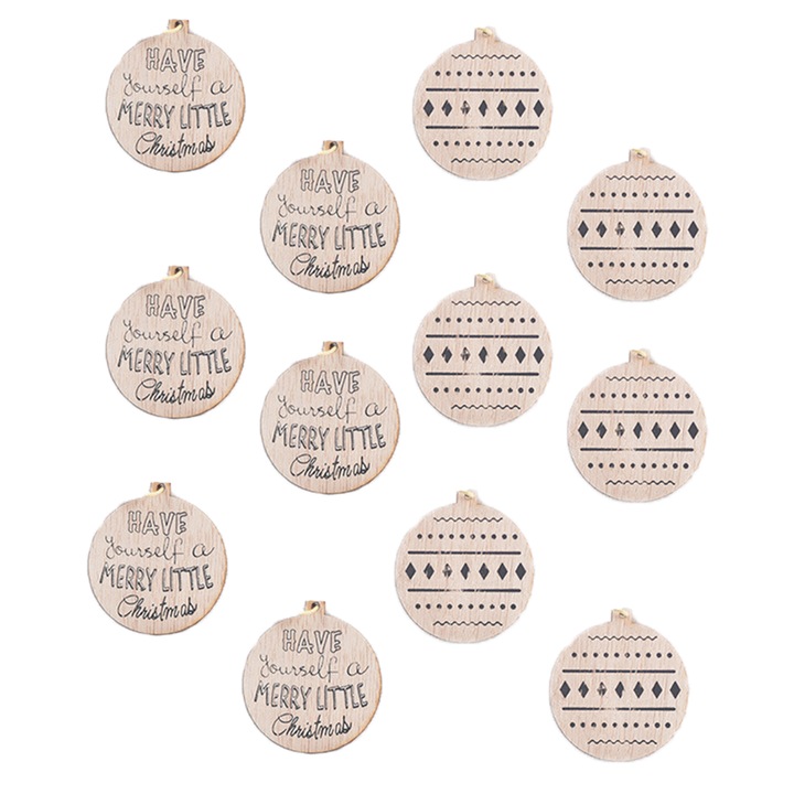 Set 12 Globuri de Craciun din lemn, AMRINUGL, 6x5.5cm, design festiv