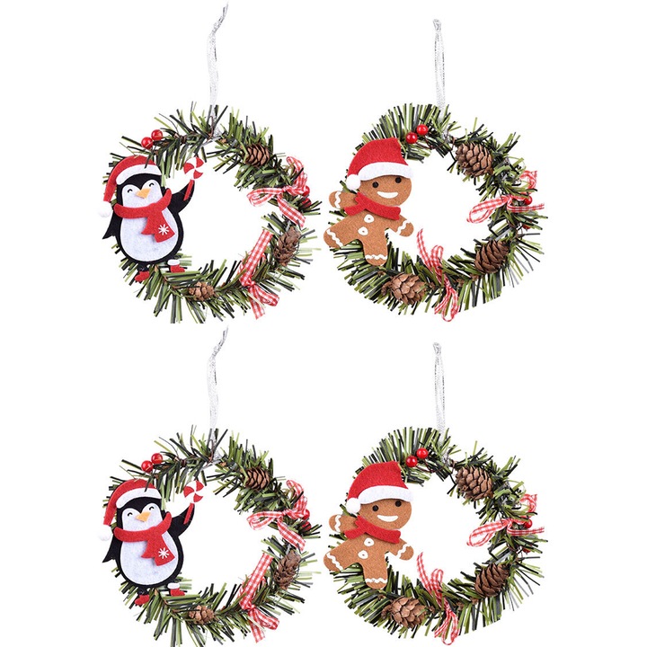 Set 4 decoratiuni Craciun, coronite verzi, stil pinguin si om de turta dulce, 15cm