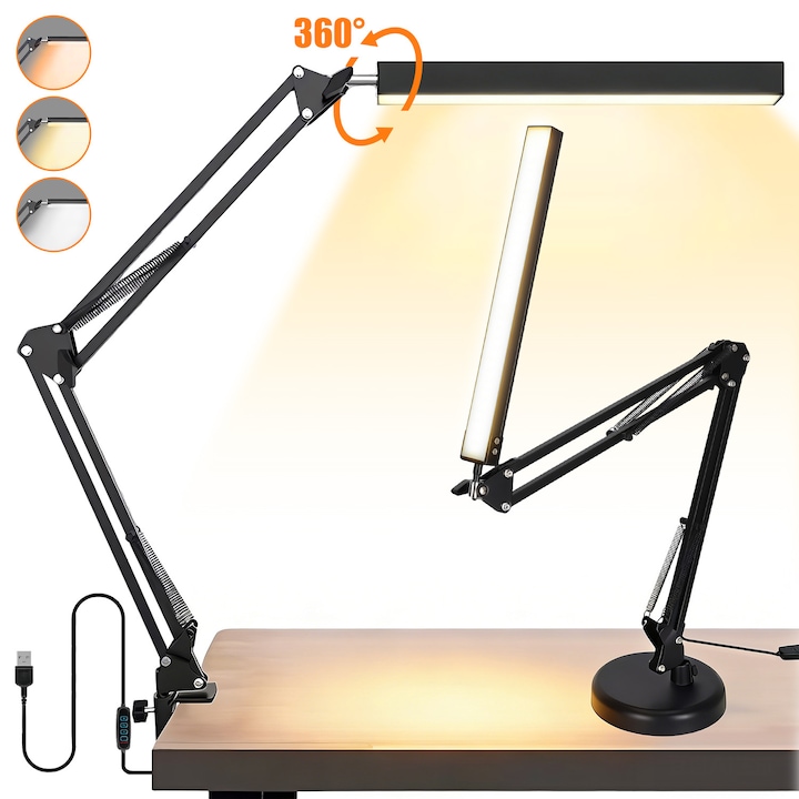 Lampa de Birou LED, BYONDSELF®, cu Clema/Baza, Inaltime Ajustabila, 3 Moduri de Iluminare, 3000K-6500K, 10 Trepte de Intesitate, Memorie, Protectie Ochi, 33x32x32cm, pentru Arhitect, Banc de Lucru, Citire, Negru