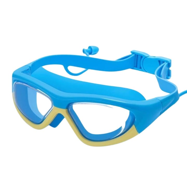 Ochelari de inot pentru copii, sIstem integrat dopuri urechi - camp vizual extins, culori vesele, curea reglabila din silicon, albastru - galben