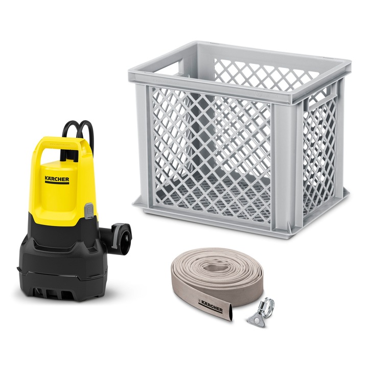 Потопяема помпа за мръсна вода Karcher SP 16000 Flood Box, С поплавък, 550W, Максимален дебит 16 000 л/ч, Височина на изпомпване 8 м, Дълбочина на потапяне 7 м, Транспортна кутия със сито, Изпускателен маркуч 10 м