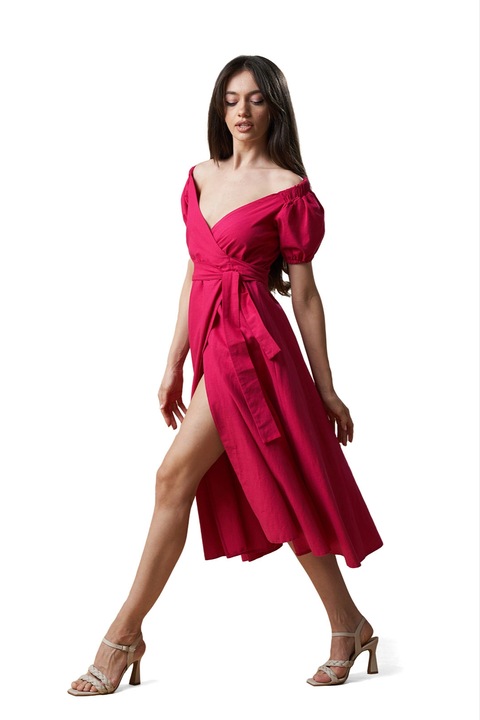 Rochie fucsia din in cu detaliu pe umeri, Fucsia, 38