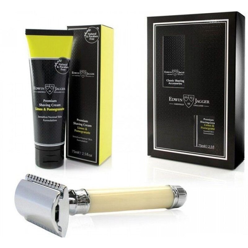 Edwin Jagger Set aparat de barbierit clasic cu lama dubla si crema de barbierit Limes & Pomegranate